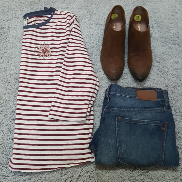 J. Crew Tops - [J. Crew] Striped 3/4 Sleeve Top w/ Beaded Broach